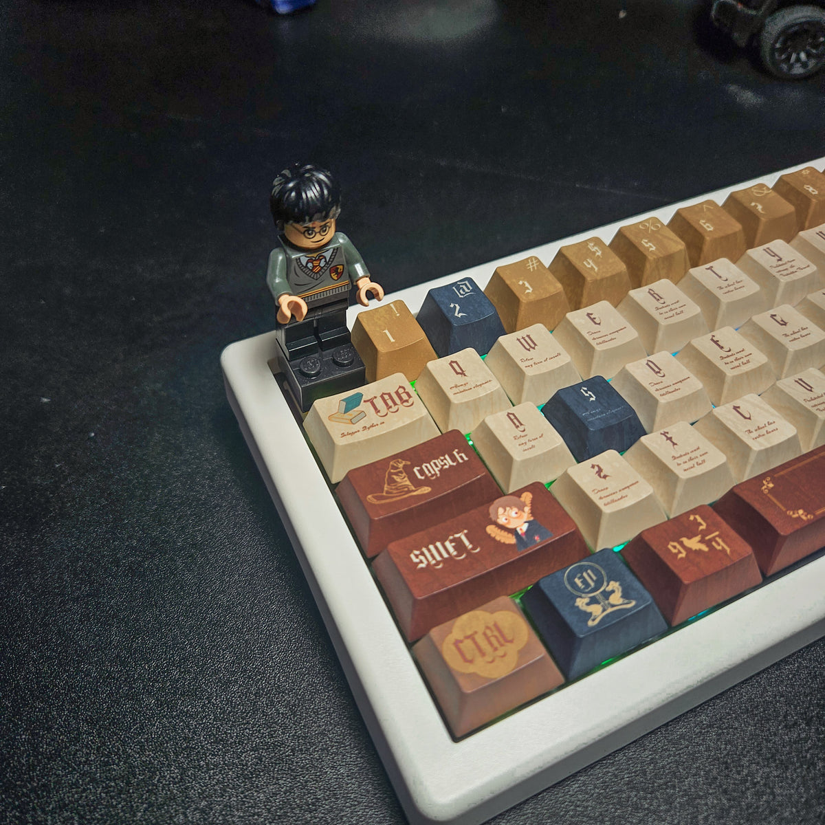 Chosen One V2 keyboard top-down view showing scholarly themed keycaps