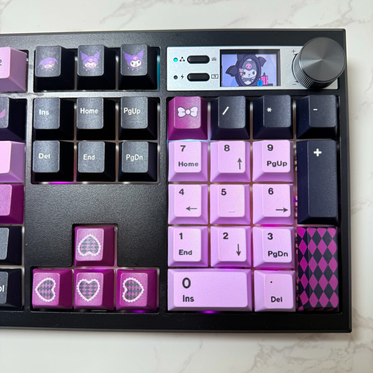 Rebel V2 keyboard detail of themed character icons on modifier keys
