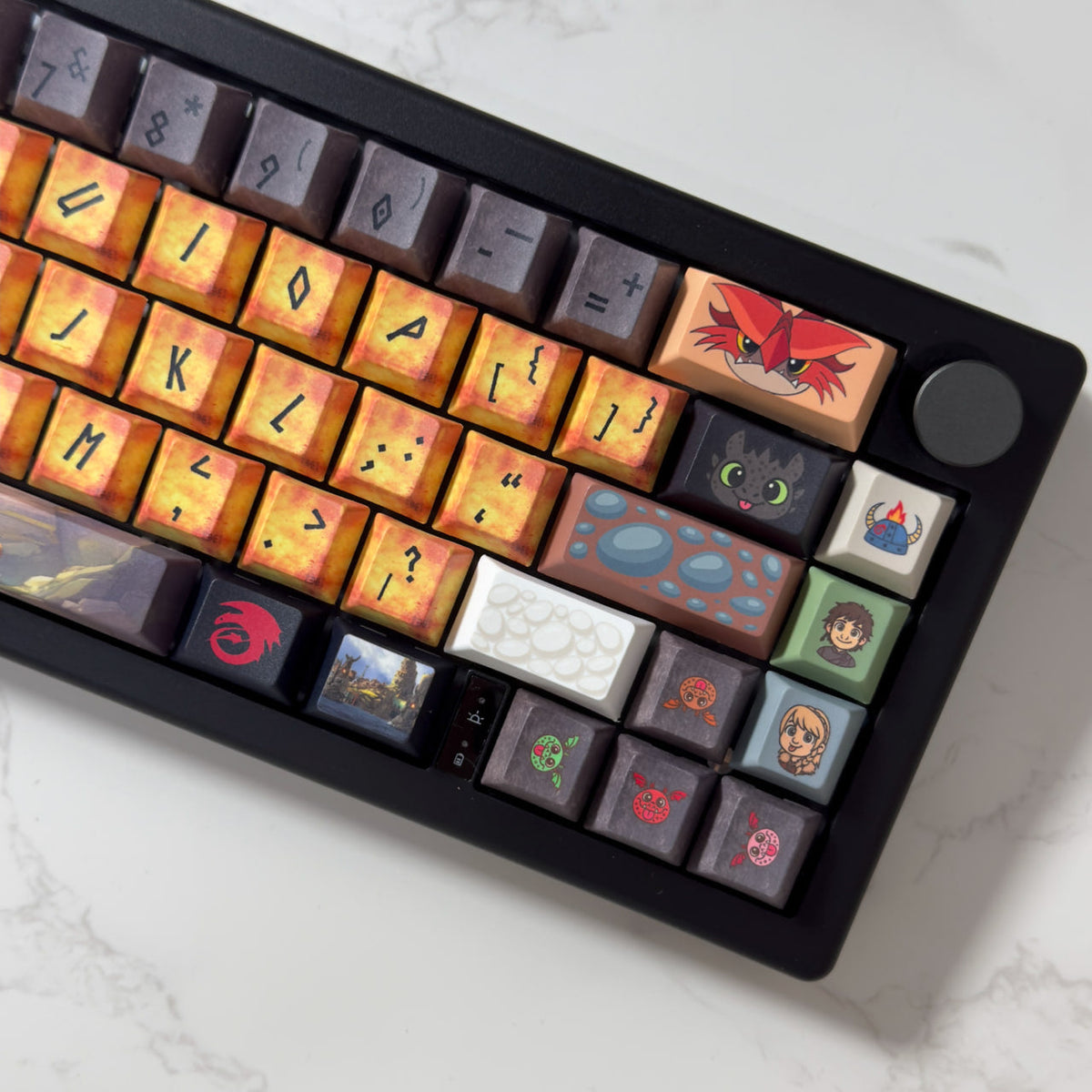 Nightbolt V2 keyboard angled view with rotary knob and dark legend keycaps